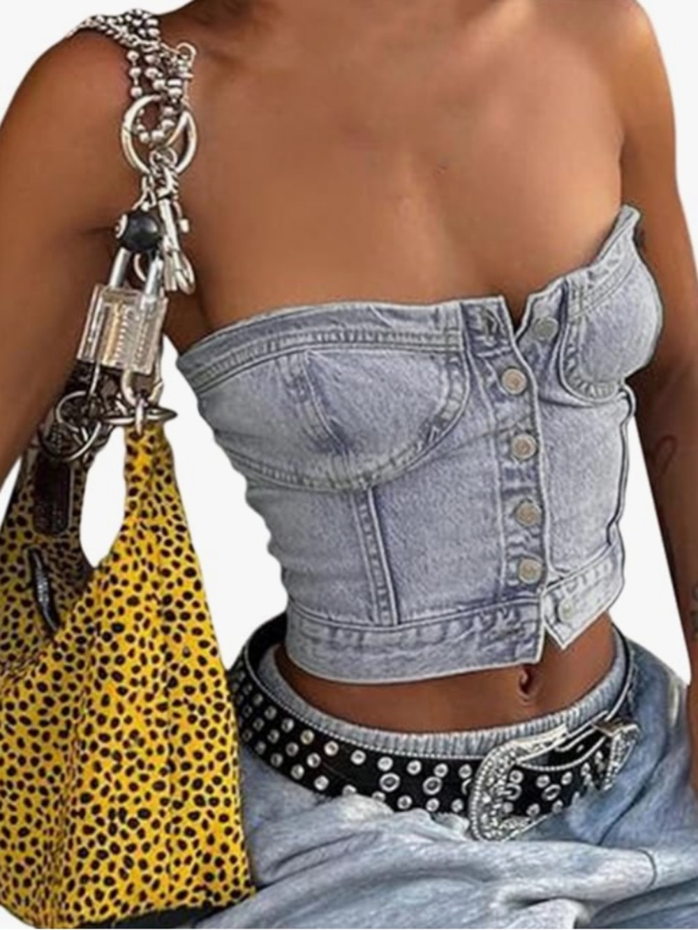 Denim Button-Front Strapless Crop Top - Light Blue